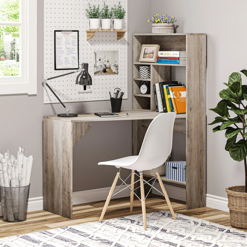 ​HOMCOM Nordic Style Computer Desk with Hutch and Storage Shelves PC Laptop Writing Table Home Office Workstation, Grey