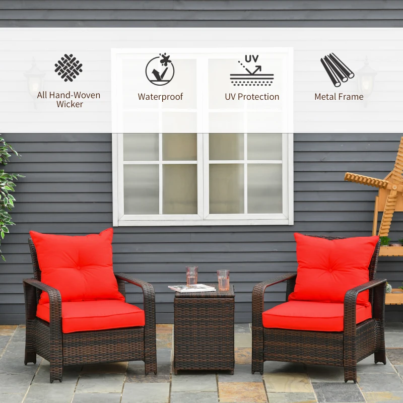 Outsunny 3 Piece Patio Furniture Set, PE Wicker Storage Table & Chairs, Red