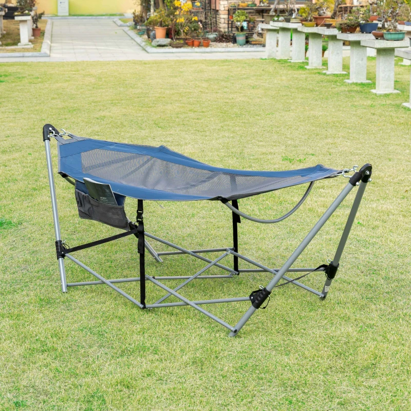 Outsunny Foldable Outdoor Hammock with Stand, Portable Hammock Bed with Carrying Bag and Pocket for Travel, Beach, Backyard, Patio, Hiking, Dark Blue