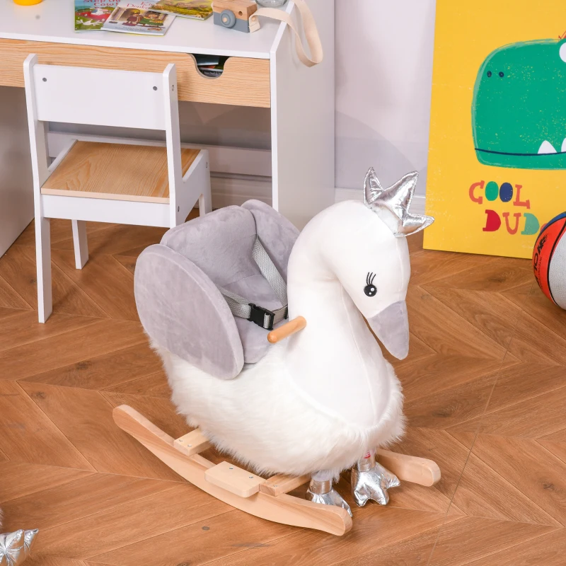 Qaba Kids Ride on Horse Swan Rocker with Sound, Plush Seat, Wooden Base, Safety Belt for Toddlers 18-36 Months, White