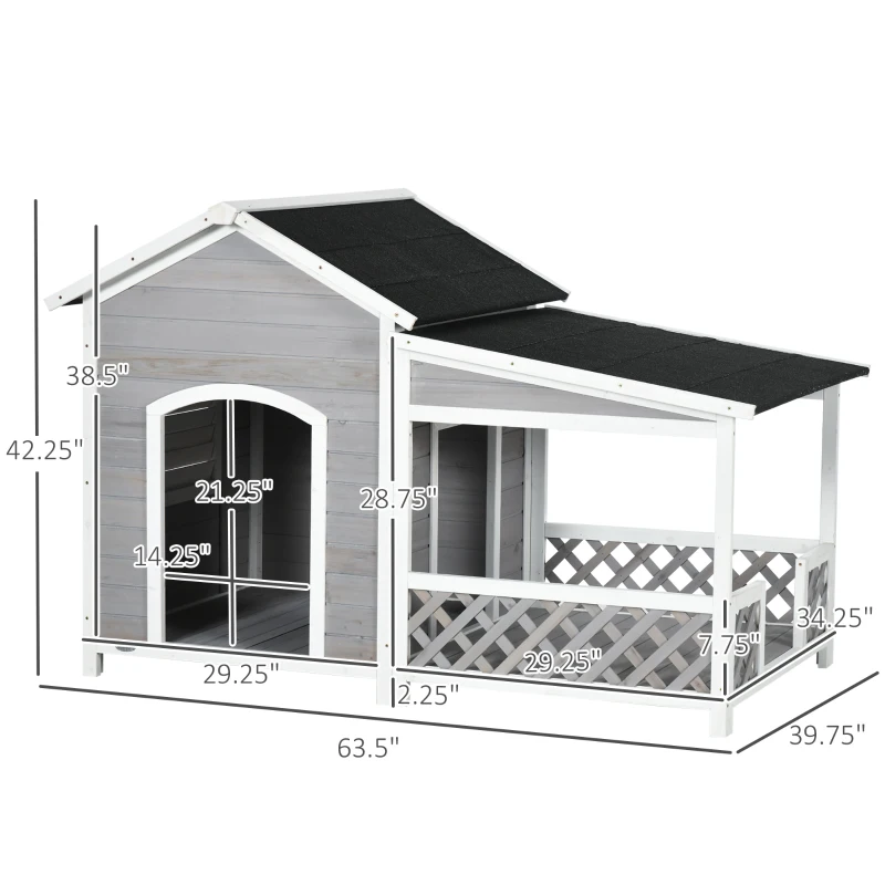 PawHut Wooden Dog House Outdoor with Porch, Cabin Style Raised Dog Shelter with Asphalt Roof, Doors, and Shutter Window, for Medium Large Sized Dog, Light Gray