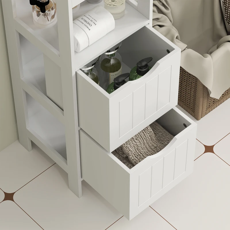 HOMCOM Narrow Bathroom Storage Cabinet, Bathroom Cabinet with 2 Drawers & 3 Open Shelves, Slim Bathroom Floor Cabinet, White