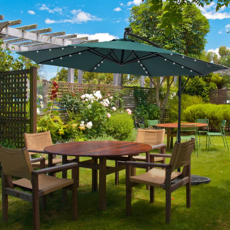 Outsunny 10ft Outdoor Cantilever Umbrella Patio Solor Banana Umbrella with Lights Adjustable Angle for Patio Backyard Dark Green