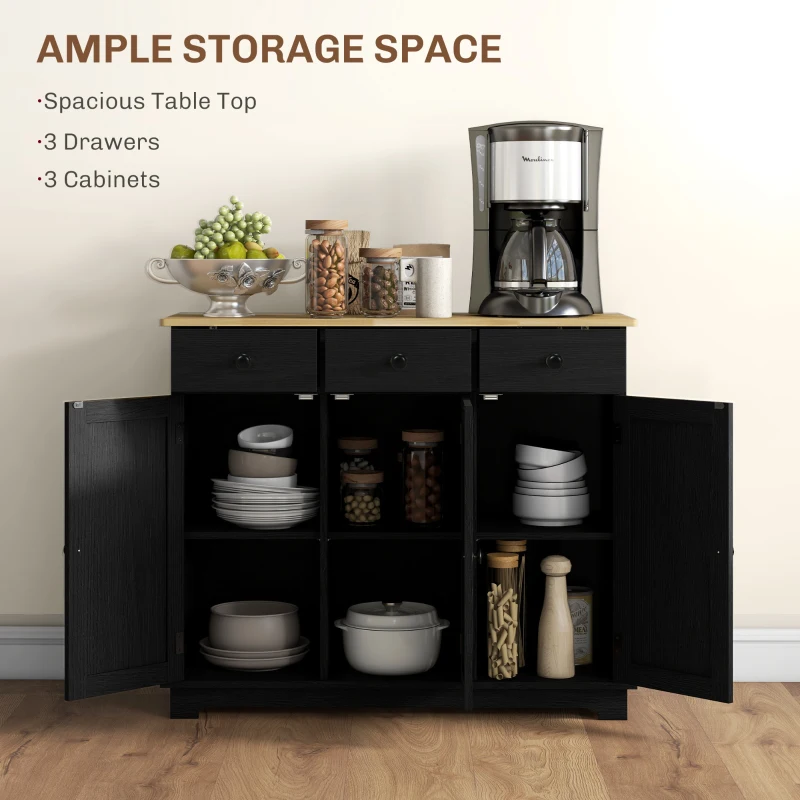 HOMCOM Kitchen Storage Cabinet, Sideboard Floor Cupboard with Solid Wood Top, Adjustable Shelf, and 3 Drawers, Black Wood Grain
