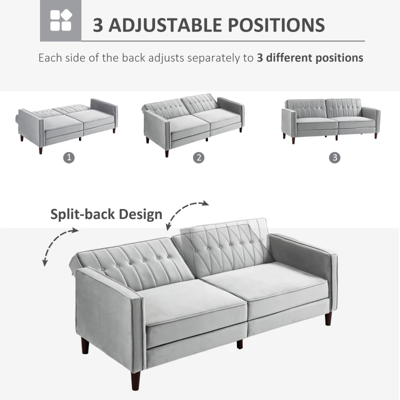 HOMCOM 3 Seater Sofa Bed with Reclining Split Back & Rubber Wood Legs, Light Gray
