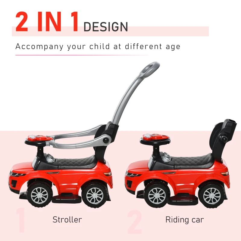 Aosom 2 In 1 Push Cars for Toddlers Kid Ride on Push Car Stroller Sliding Car with Horn Music Light Function Secure Bar Ride on Toy for Boy Girl 1-3 Years Old Red