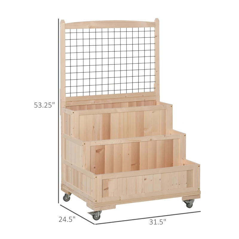 Outsunny 3-Tiers Raised Garden Bed with Trellis, 53" H Vertical Planter Box with Wheels & Back Storage Area, for Flowers, Vegetables, Herbs, Natural(m-3)