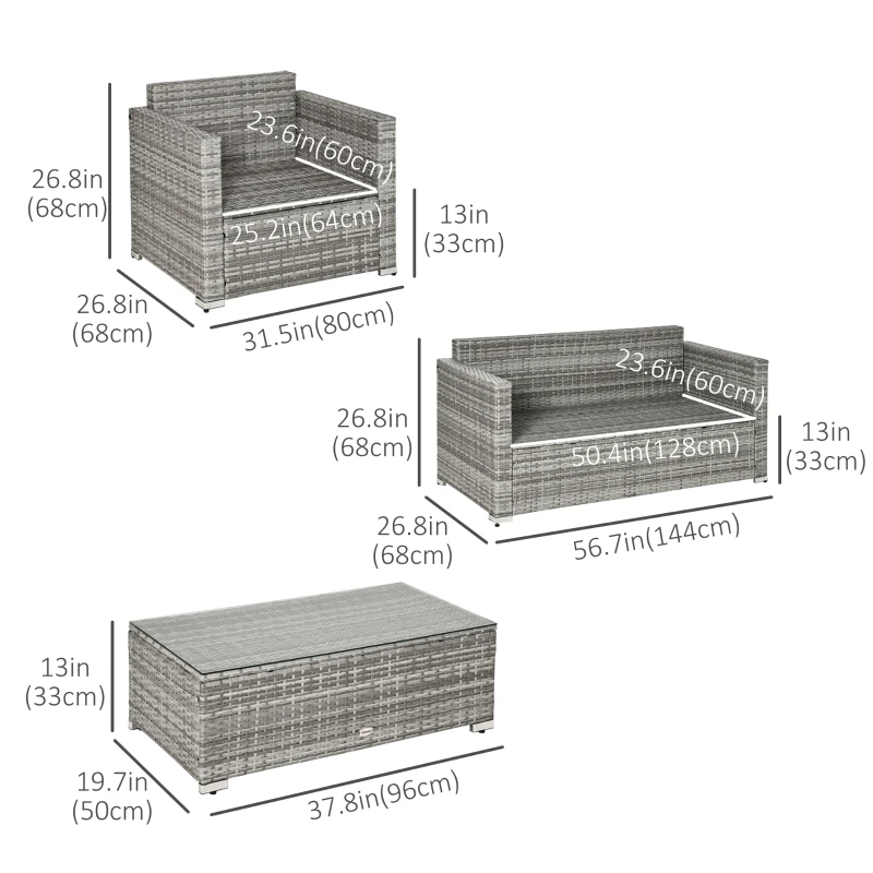 Outsunny 4 Pieces Patio Wicker Sofa Set, Outdoor PE Rattan Extra Wide Seat Conversation Furniture w/ Tempered Glass Table-top & Thick Padded Cushion for Garden, Backyard, Lawn, Mixed Grey