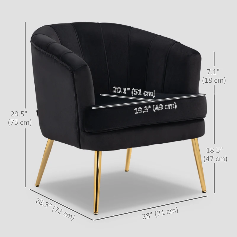 HOMCOM Fabric Armchair, Modern Accent Chair with Gold Metal Legs for Living Room, Bedroom, Home Office, Black
