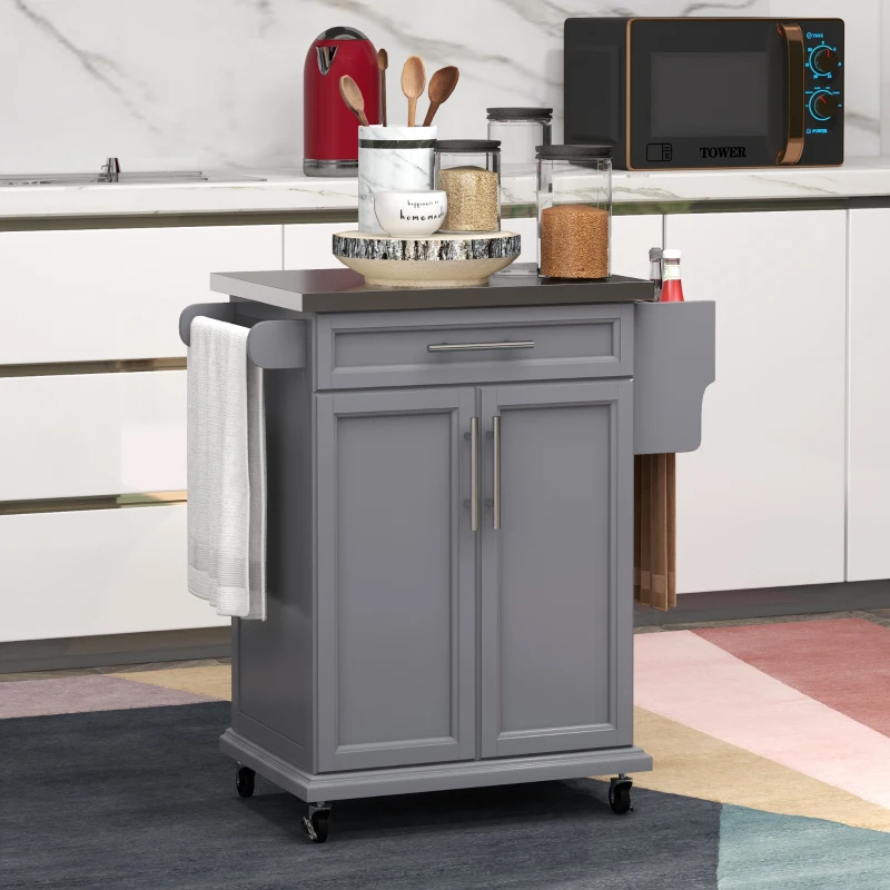 HOMCOM Kitchen Island on Wheels, Rolling Kitchen Cart with Stainless Steel Countertop, Drawer, Towel Rack and Spice Rack, Utility Storage Trolley, Gray