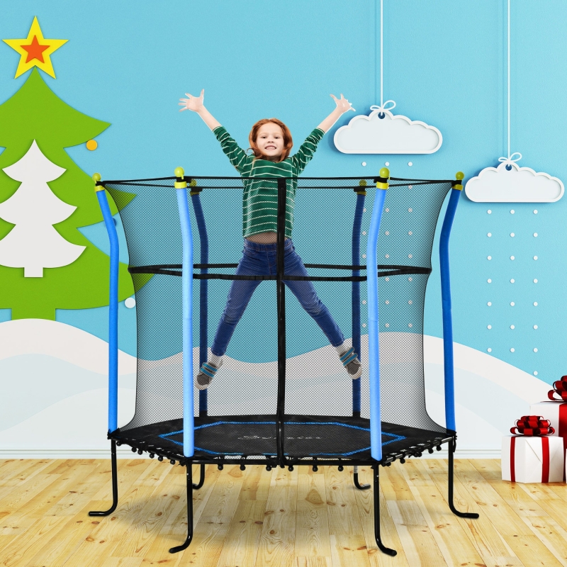 55\" Kids Trampoline, 4.6FT Indoor Outdoor Trampoline, Mini Toddler Recreational Trampolinewith Safety Enclosure Net And Basketball Hoop, Birthday Gifts Christmas Toys For 3 Years Children, Blue