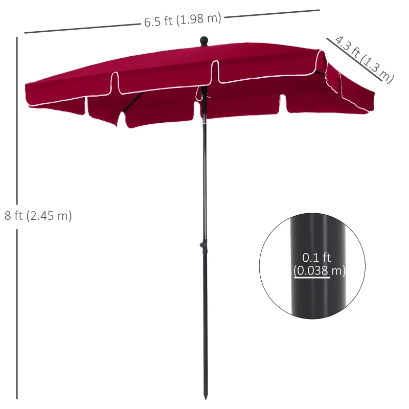 Outsunny 6.5x4ft Rectangle Patio Umbrella Aluminum Tilt Adjustable Garden Parasol Sun Shade Outdoor Canopy Red