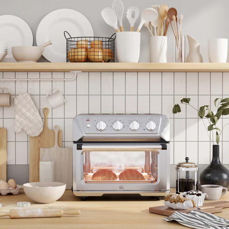 HOMCOM Air Fryer Toaster Oven, 21QT 7-In-1 Convection Oven Countertop, Warm, Broil, Toast, Bake and Air Fry, Accessories Included, 1800W, Stainless Steel Finish