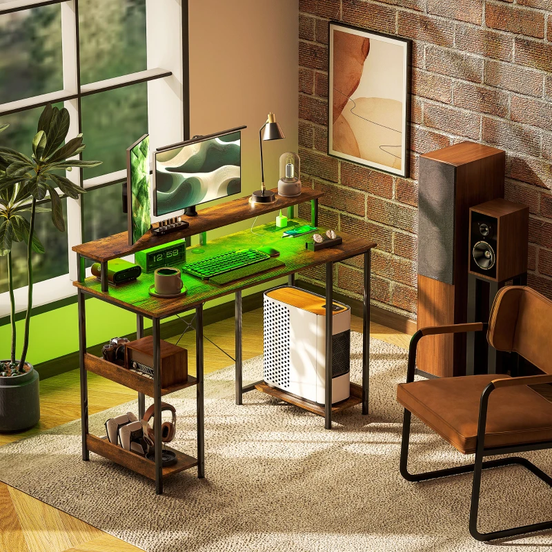 HOMCOM Computer Desk with Storage, 47" Reversible Computer Table with Power Outlets and LED Lights, Rustic Brown