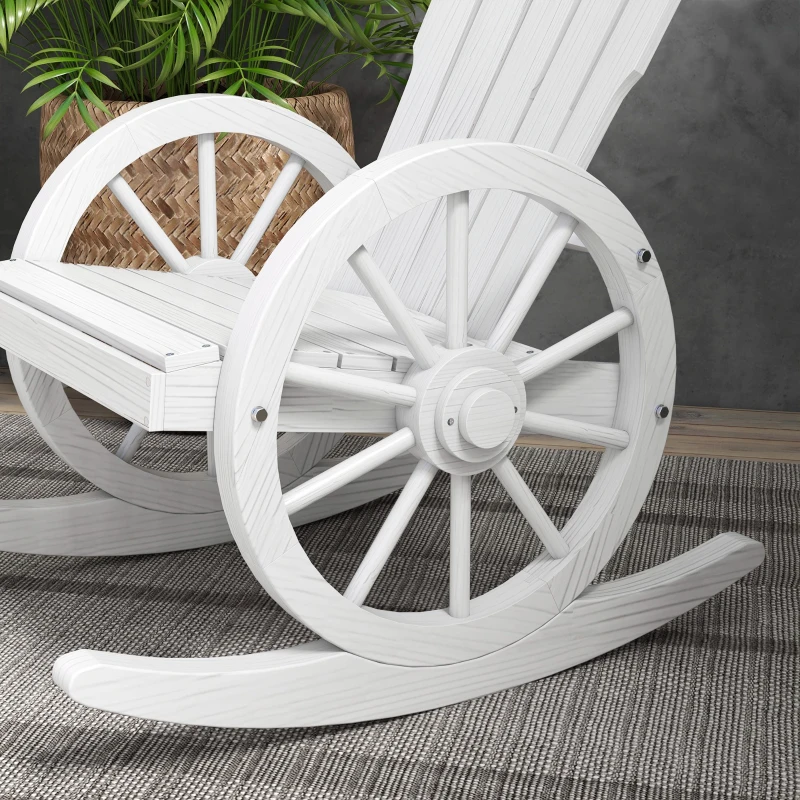 Outsunny Patio Wooden Rocking Chair, Wagon Outdoor Rocker Chair with Slatted Design and Wheel Armrests for Garden, White