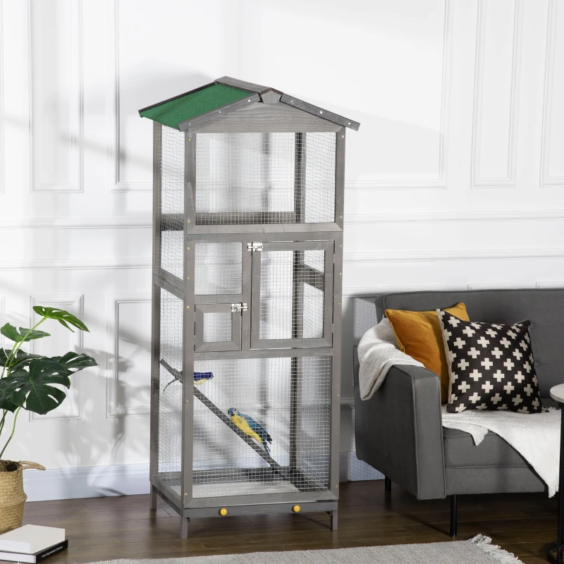 PawHut 65" Wooden Bird Cage Outdoor Aviary House for Parrot, Parakeet, with Pull Out Tray and 2 Doors, Grey