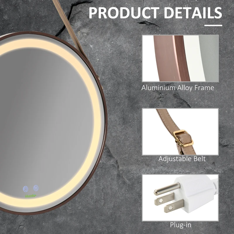 kleankin 24'' Round Led Bathroom Mirror, Dimmable Anti Fog Wall-Mounted Mirror with 3 Temperature Colors, Plug-in, Rose Gold