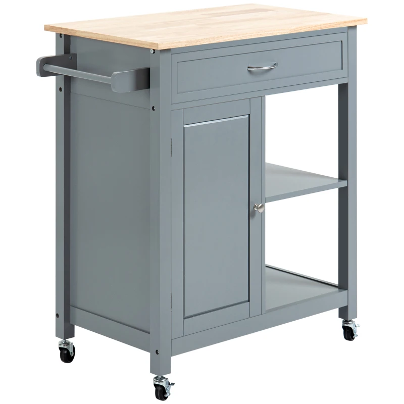 HOMCOM Kitchen Island Cart, Rolling Kitchen Island with Storage Shelf, Solid Wood Top, Drawer, for Dining Room, Gray