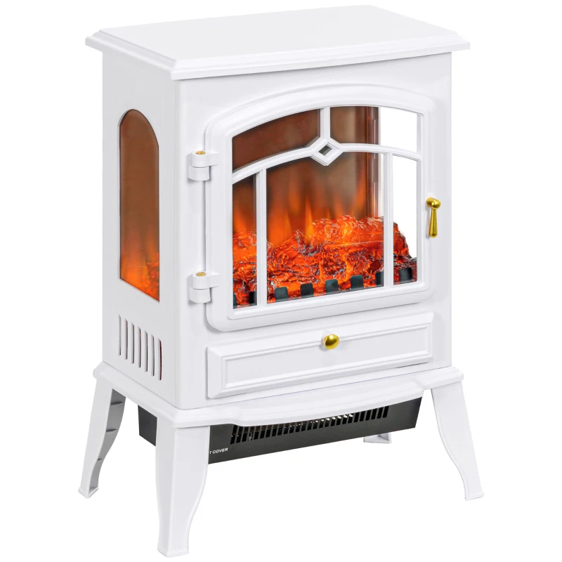 HOMCOM Electric Fireplace Heater Freestanding Fireplace Stove with 3-Side Realistic Flame Overheat Protection 750W/1500W, White