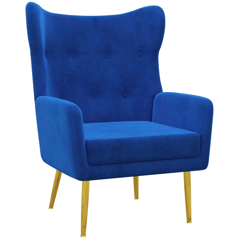 HOMCOM Fabric Wingback Armchair, Modern Accent Chair with Gold Metal Legs for Living Room, Bedroom, Home Office, Blue