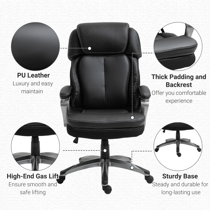 Vinsetto High Back Executive Chair Computer Ergonomic Task Seat PU Leather Swivel Chair for Office with Padded Armrests, Adjustable Height, Black
