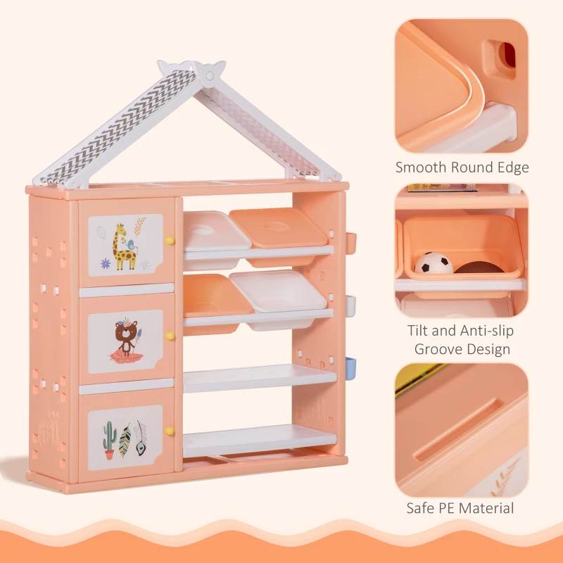 Qaba Kids Toy Storage Organizer with 4 Bins, Storage Cabinets, Bookshelf and 4-Layers Toy Collection Shelves, Orange