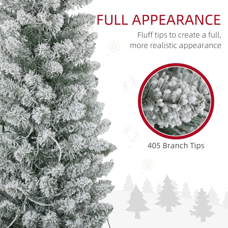 HOMCOM 7ft Artificial Prelit Christmas Tree with Warm White LED Light, Snow Flocked Branches, Metal Base, Pencil Xmas Tree