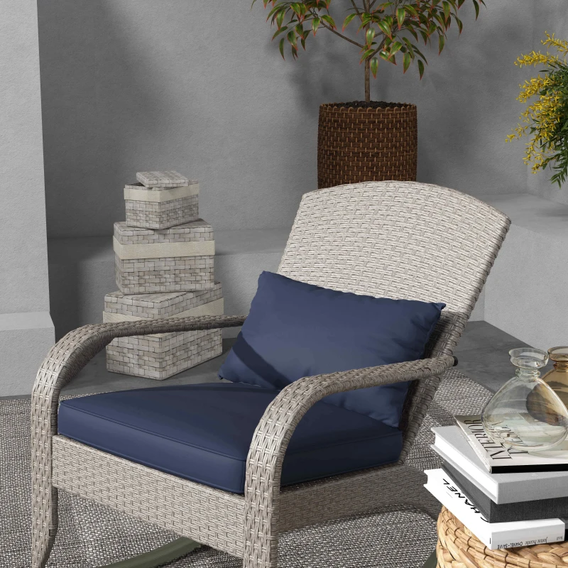 Outsunny Adirondack Chair, Outdoor Wicker Rocking Chair with High Back, Seat Cushion and Pillow for Porch, Balcony, Dark Blue