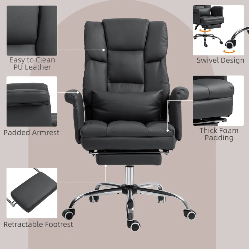 HOMCOM Executive Office Chair with Footrest and Lumbar Support, PU Leather Desk Chair, Ergonomic, Reclining and Swivel, Black