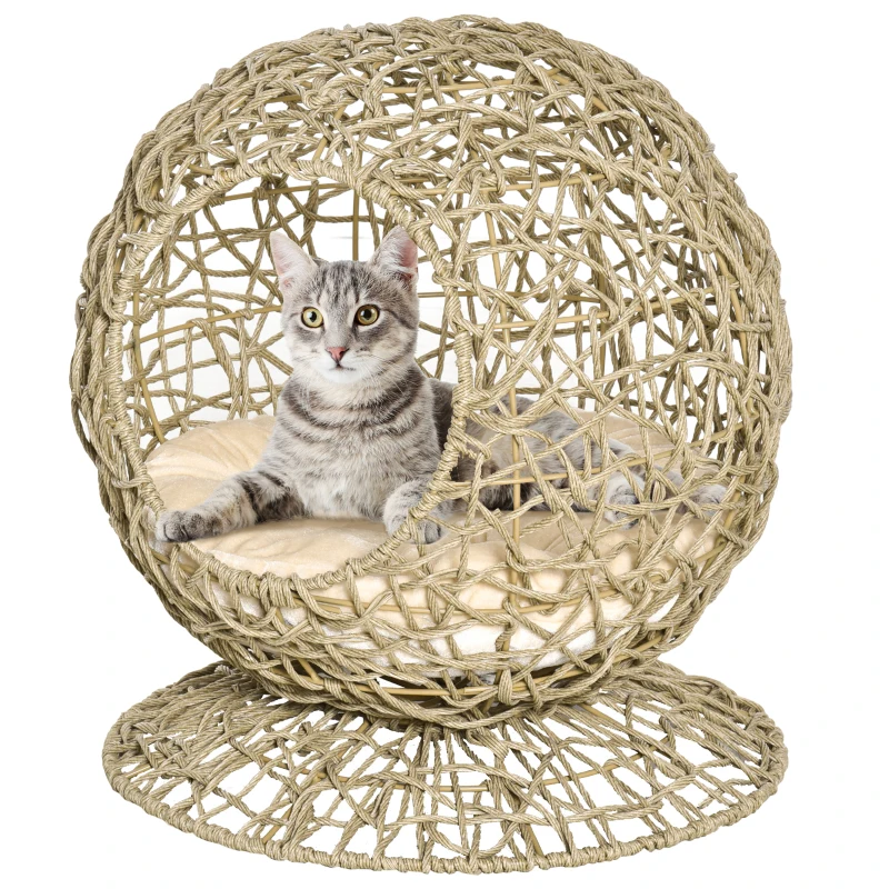PawHut Rattan Elevated Cat Bed Kitty Condo with Comfortable Soft Cushion, Wicker Construction and Round Base, Brown