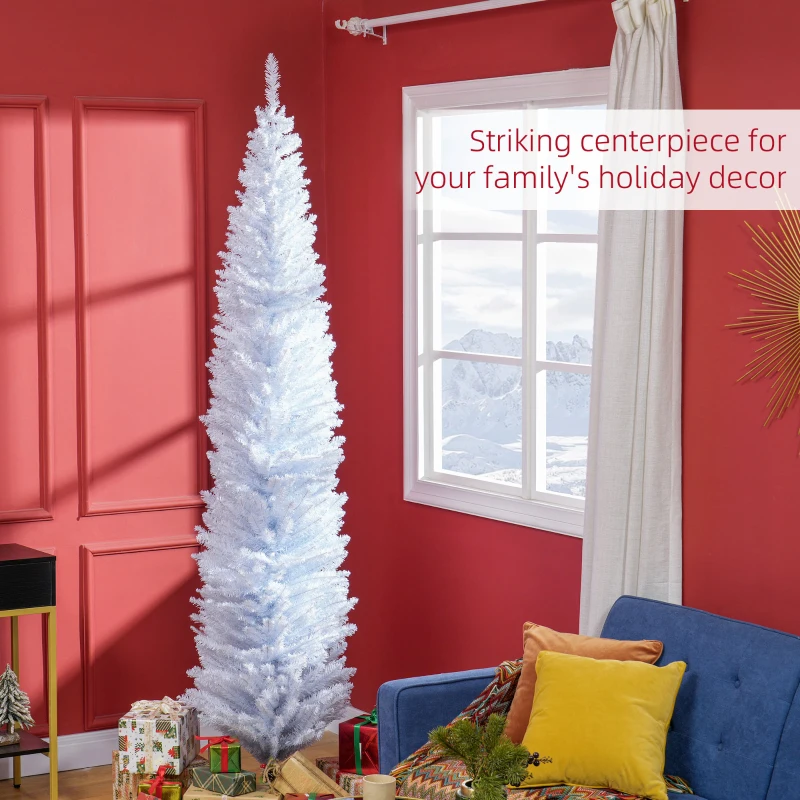 HOMCOM 8ft Unlit Pencil Artificial Christmas Tree with Realistic Branches and 618 Tips, Plastic Base, White