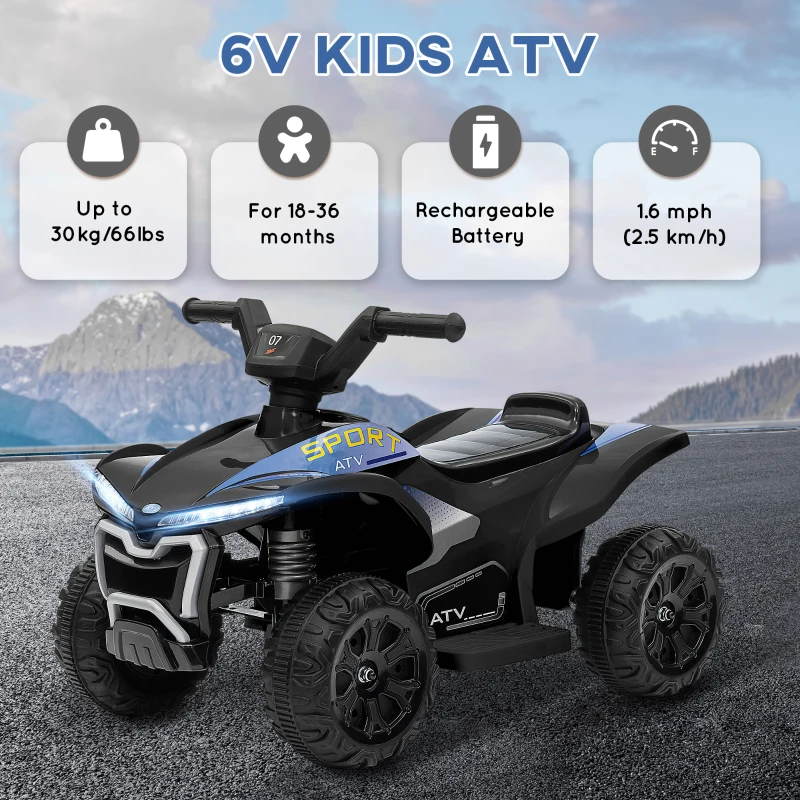 Qaba Kids ATV, 6V Battery Powered Electric Vehicle with Headlights, Music, Forward/Reverse Switch for 18-36 Months, Black