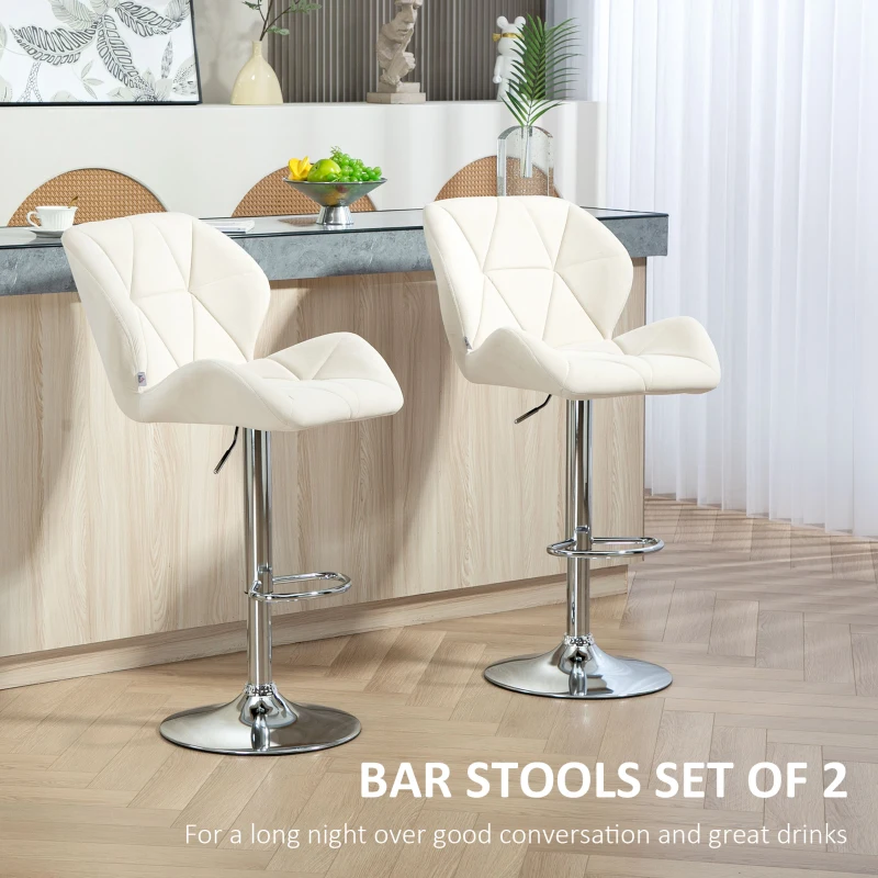 HOMCOM Bar Stool Set of 2 Fabric Adjustable Height Armless Upholstered Counter Chairs with Swivel Seat, Cream White