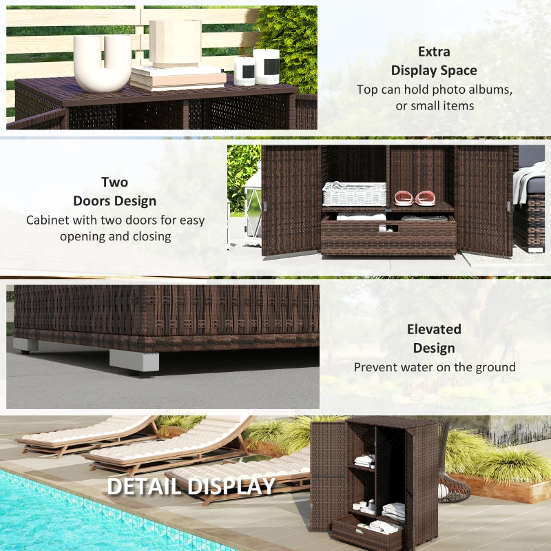 Outsunny Outdoor Storage Cabinet with Shelves, Rattan Pool Towel Storage Cabinet with Removable Shelf & Drawer, Mixed Brown