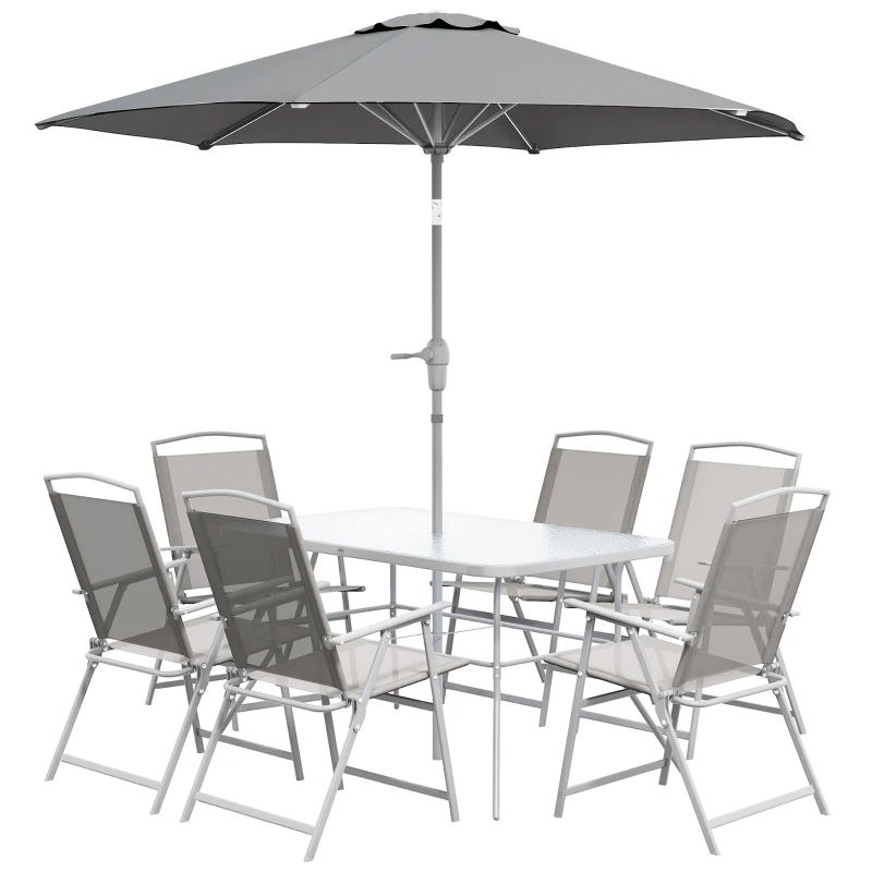 Outsunny 8 Piece Patio Dining Set with Table Umbrella, 6 Folding Chairs and Rectangle Dining Table, Grey
