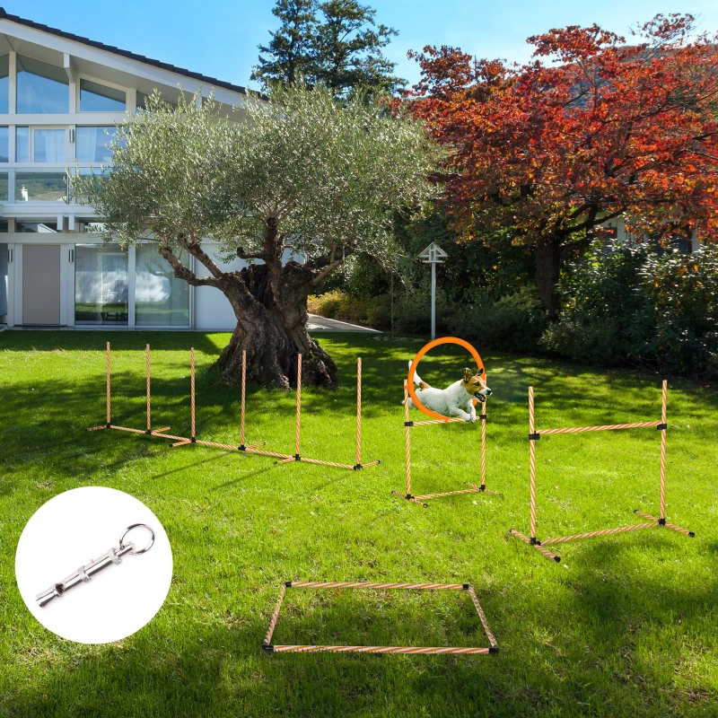 PawHut 4PC Portable Pet Agility Training Set Hurdle for Dog Obstacle Exercise with Adjustable Height Jump Ring High Jumper Weave Poles Square Pause Box Carry Bag Whistle Orange and White