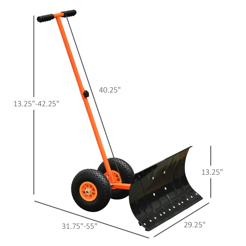 Outsunny Snow Shovel, Rolling Pusher with 29" Blade, 10" Wheels & Angle-Adjustable Handle, Orange