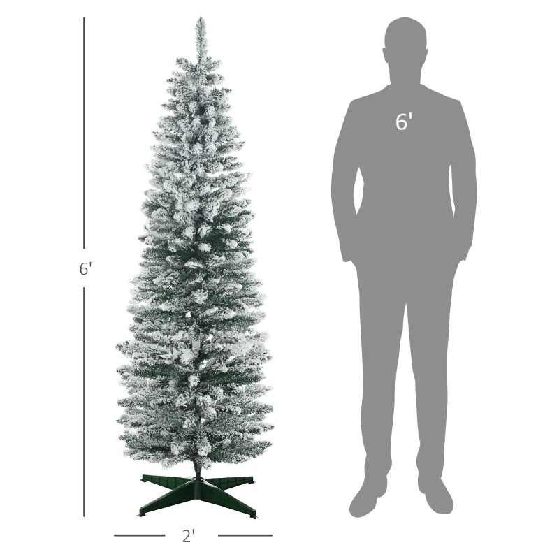 HOMCOM 6' Snow Flocked Artificial Pencil Christmas Tree, Slim Xmas Tree with Realistic Branches and Plastic Base Stand for Indoor Decoration, Green