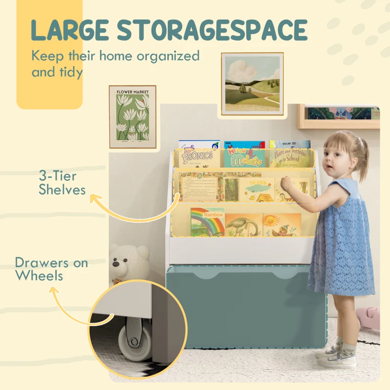 Qaba Kids Bookshelf with 3 Tier Display Shelves, Drawer for Nursery, Grey