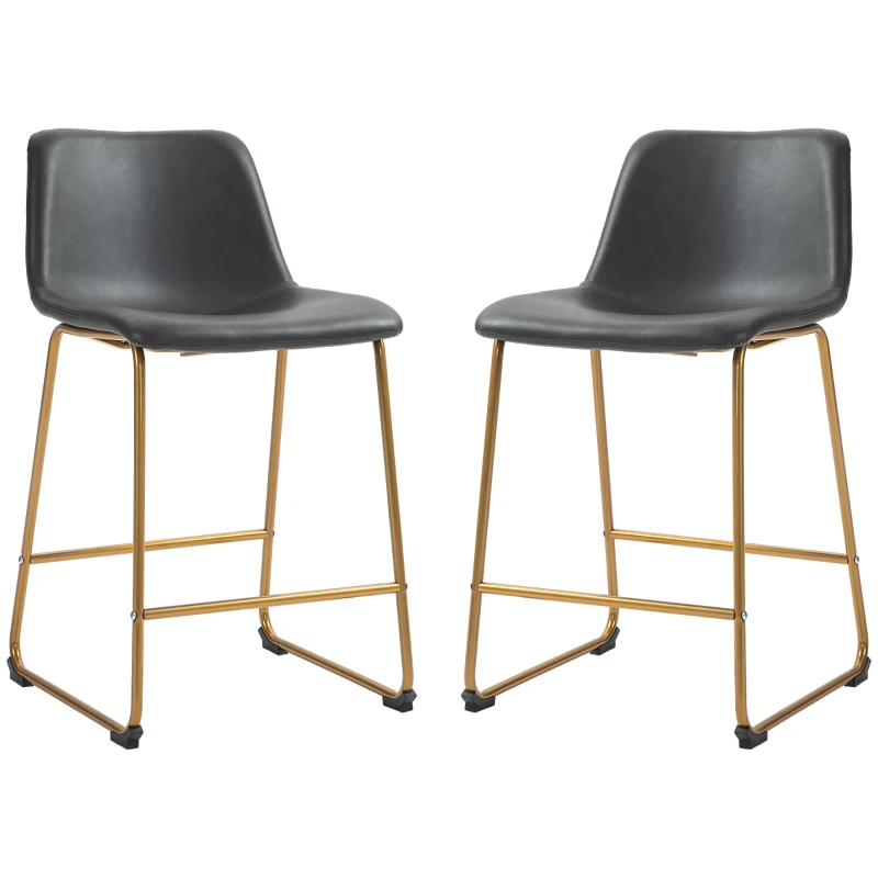 HOMCOM Counter Height Stools Set of 2, PU Leather Upholstered Stools for Kitchen Island, Modern Bar Chairs, Dark Grey