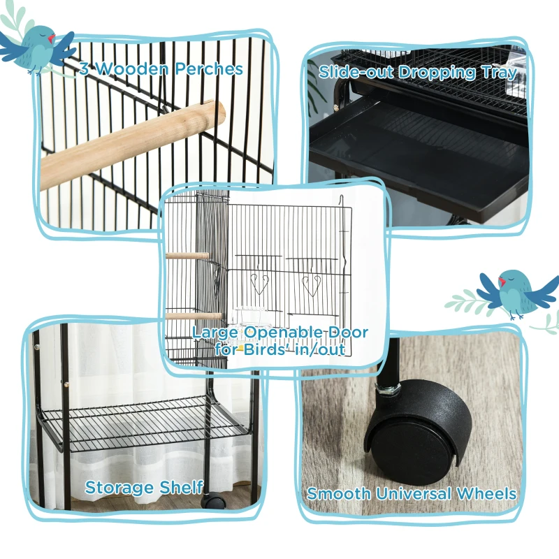 PawHut 49" Rolling Bird Cage Cockatoo House Play Top Finch Pet Supply with Storage Shelf, Wheels - Black