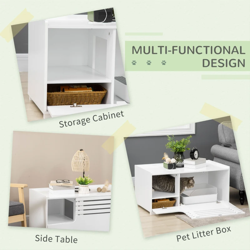 PawHut Cat Litter Box Enclosure with Spacious Interior, Cat Washroom Storage End Table for Indoor Cats with Hidden Storage Cabinet Space, Elevated Bottom, White