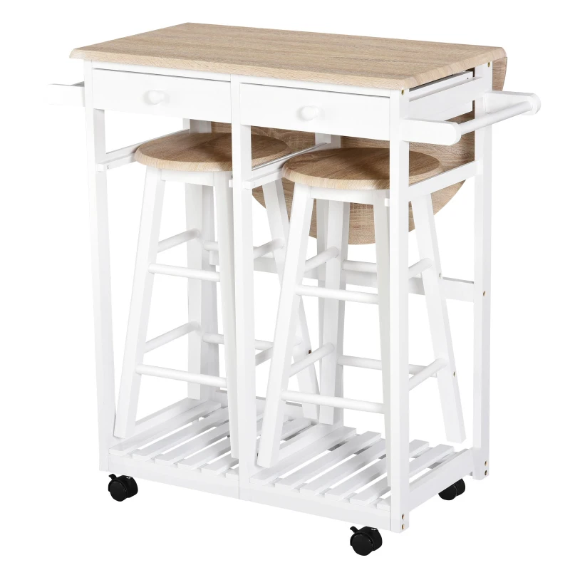 HOMCOM Kitchen Trolley 3 Piece Kitchen Cart Set Drop Leaf Breakfast Table and 2 Stools w/ Rolling Wheels & Towel Bars, Wood & White