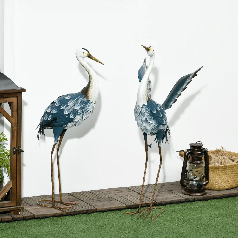 Outsunny Set of 2 Garden Sculptures, Heron Garden Statues for Lawn, Patio, Backyard Decoration, 29" & 27.5", Blue & White