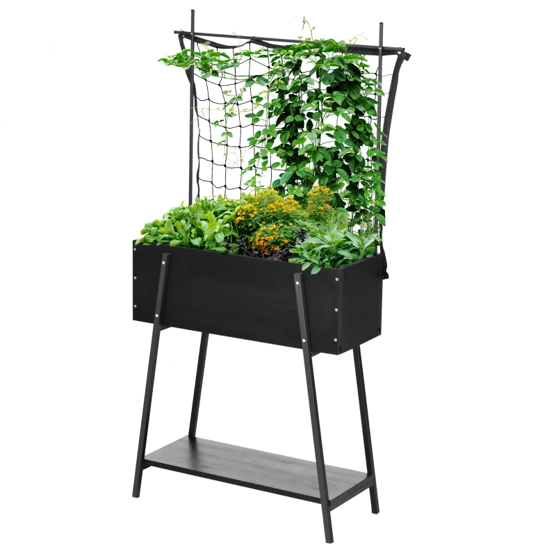 Outsunny Raised Garden Bed with Trellis & Storage Shelf, Elevated Planter Box with Metal Legs, Bed Liner and Drainage Holes, for Vegetable Vines, Climbing Plants, Flowers, Black