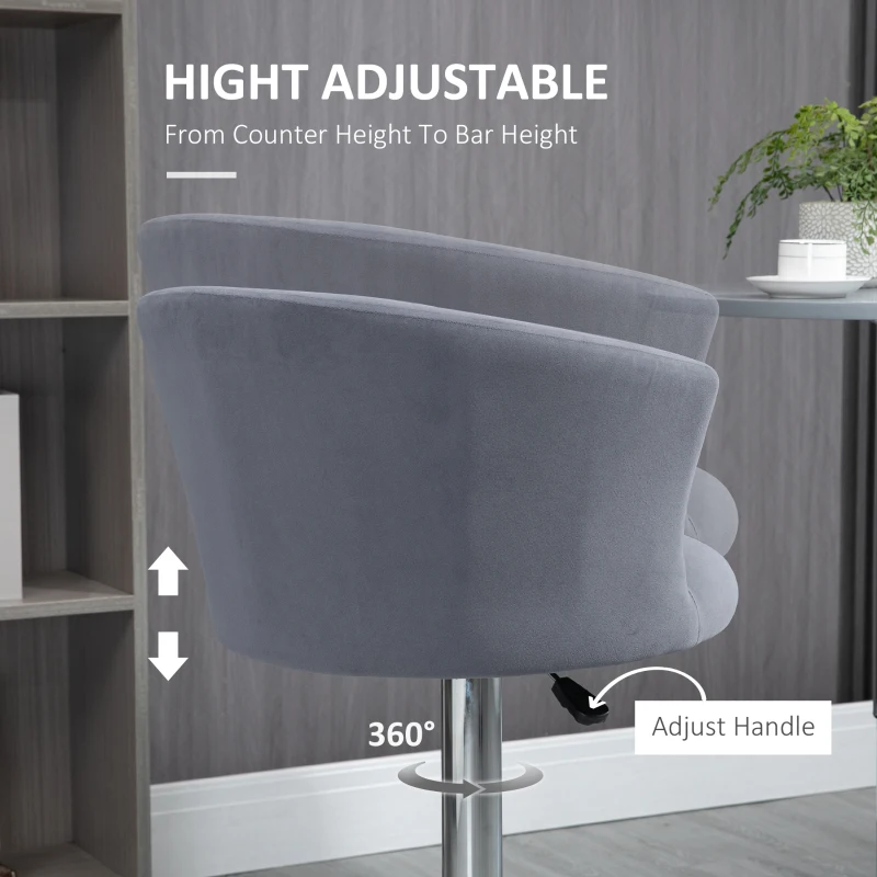 HOMCOM Adjustable Bar Stools Set of 2, Velvet Upholstered Kitchen Stool, Swivel Counter Height Barstool with Footrest for Dining Room, ‎Grey