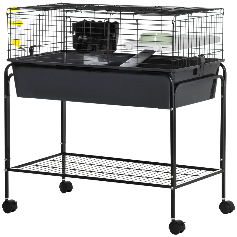 PawHut 35" Small Animal Cage Rolling Guinea Pig Cage with Detachable Stand, Water Dispenser, Food Dish, Ramp, Wheels, Dark Grey