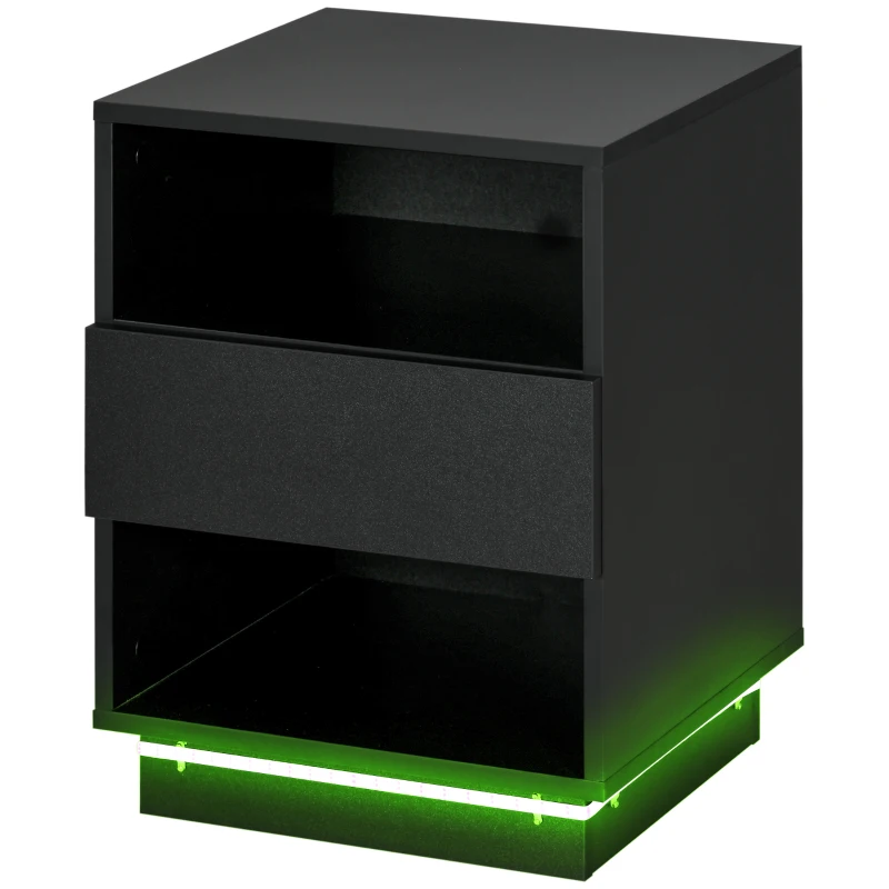 HOMCOM LED Nightstand, Bedside Table with LED Lights, Drawer, 2 Shelves, Remote, Side Table for Living Room, Bedroom