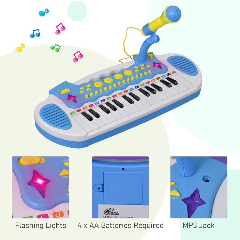 Qaba 31-Key Kids Toy Keyboard Piano, Electronic Musical Instrument with Multiple Sounds, Stool, Microphone and Bright Flashing Lights, Blue