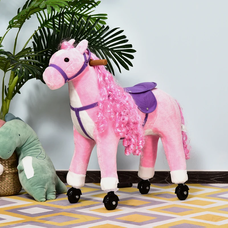 Qaba Kids Plush Ride On Toy Walking Horse with Wheels and Realistic Sounds, 30"H, Pink